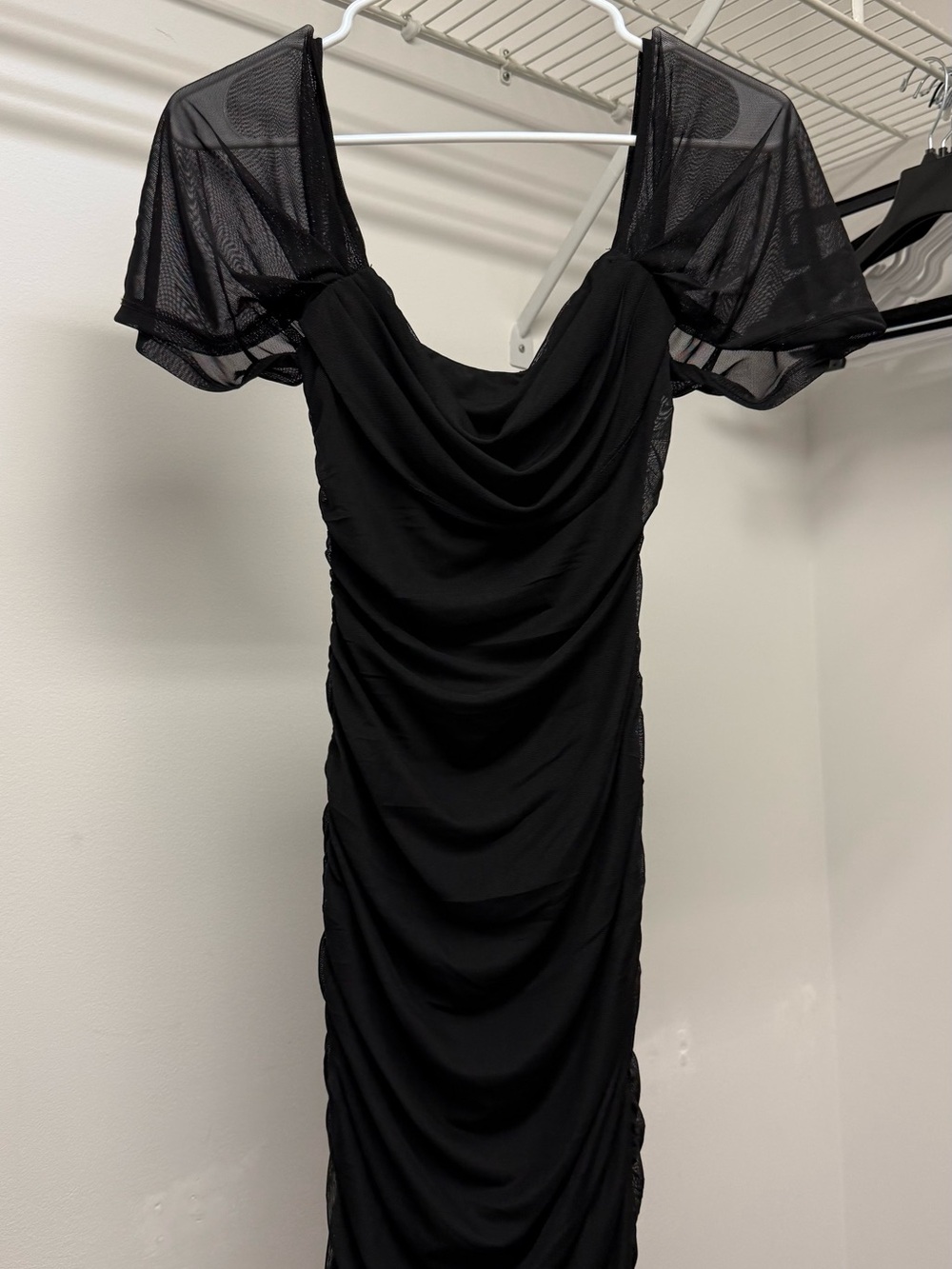 Black Ruched Midi Dress with Sheer Puff Sleeves